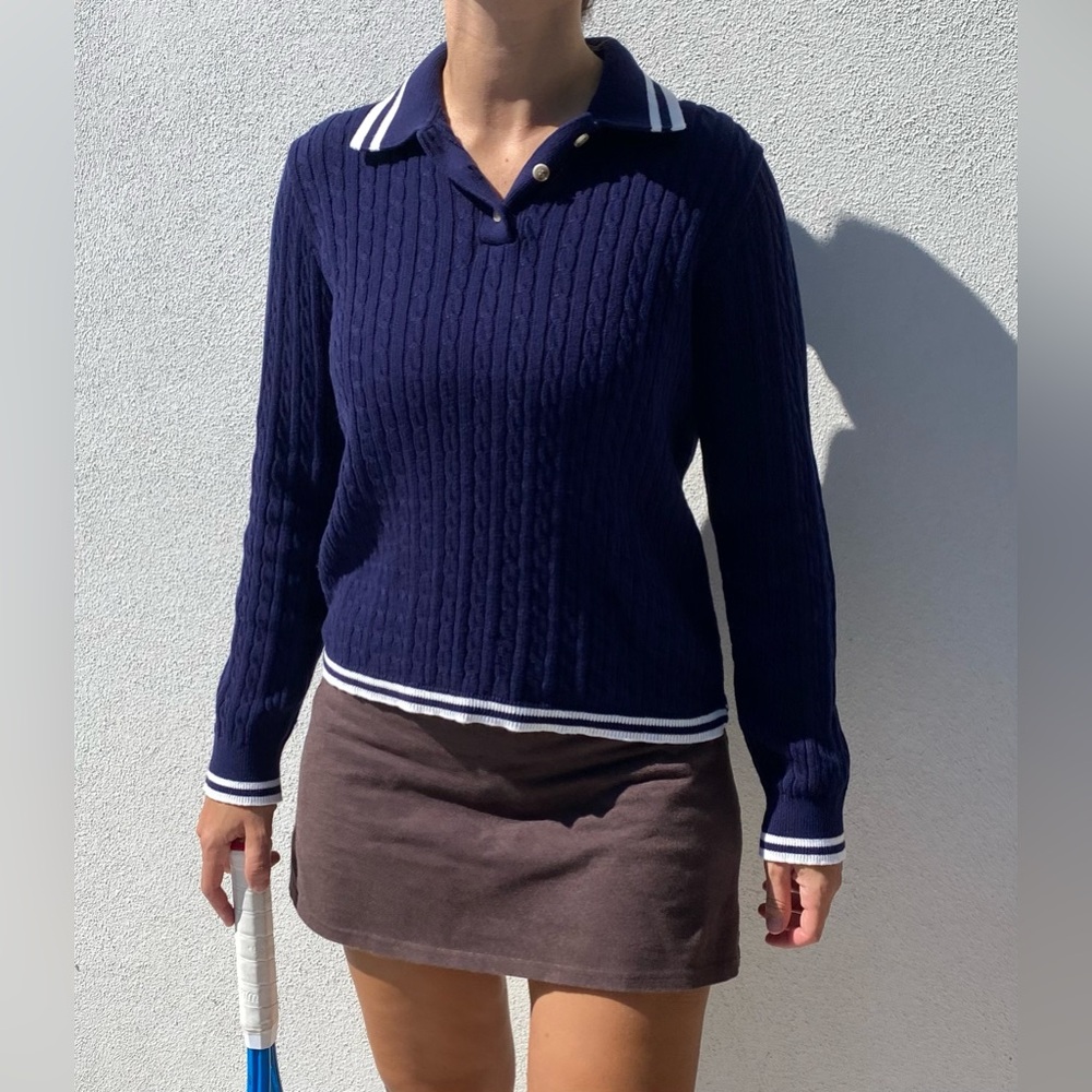 ELLSWORTH + IVEY Grace Knit Long Sleeve Polo Cableknit Navy size L